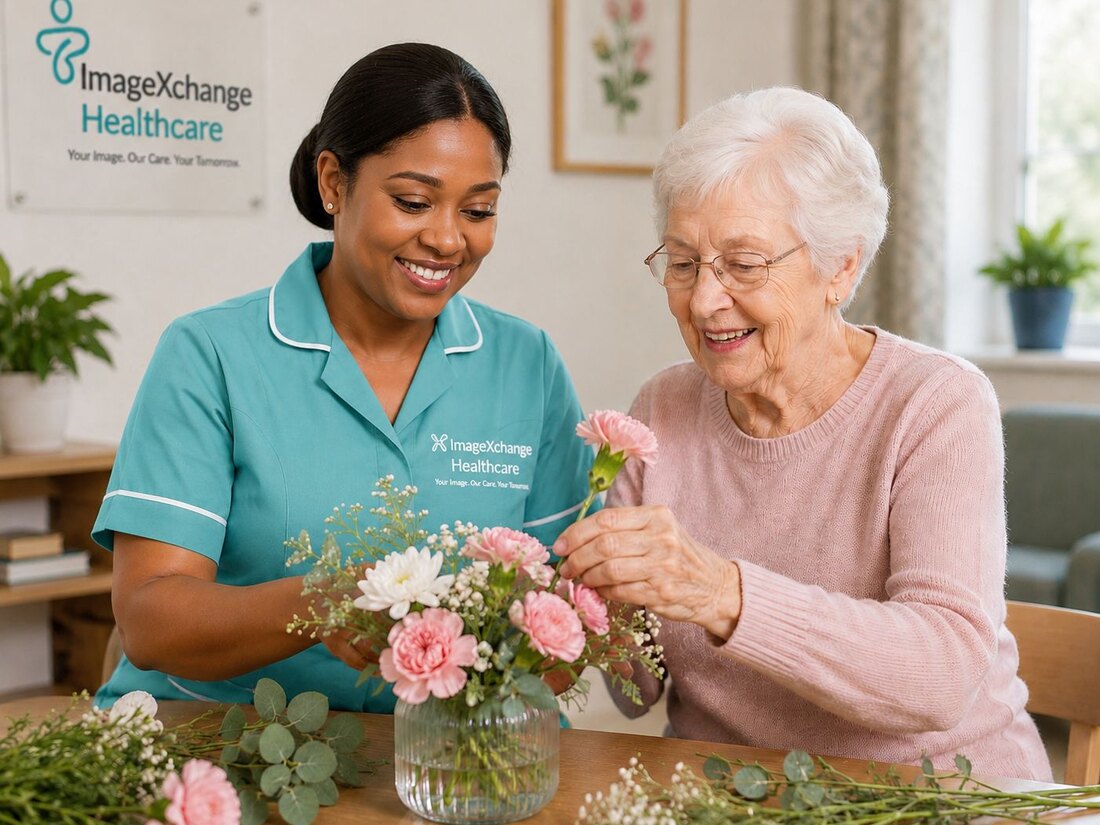 An ImageXchange Healthcare caregiver helping a client arrange flowers