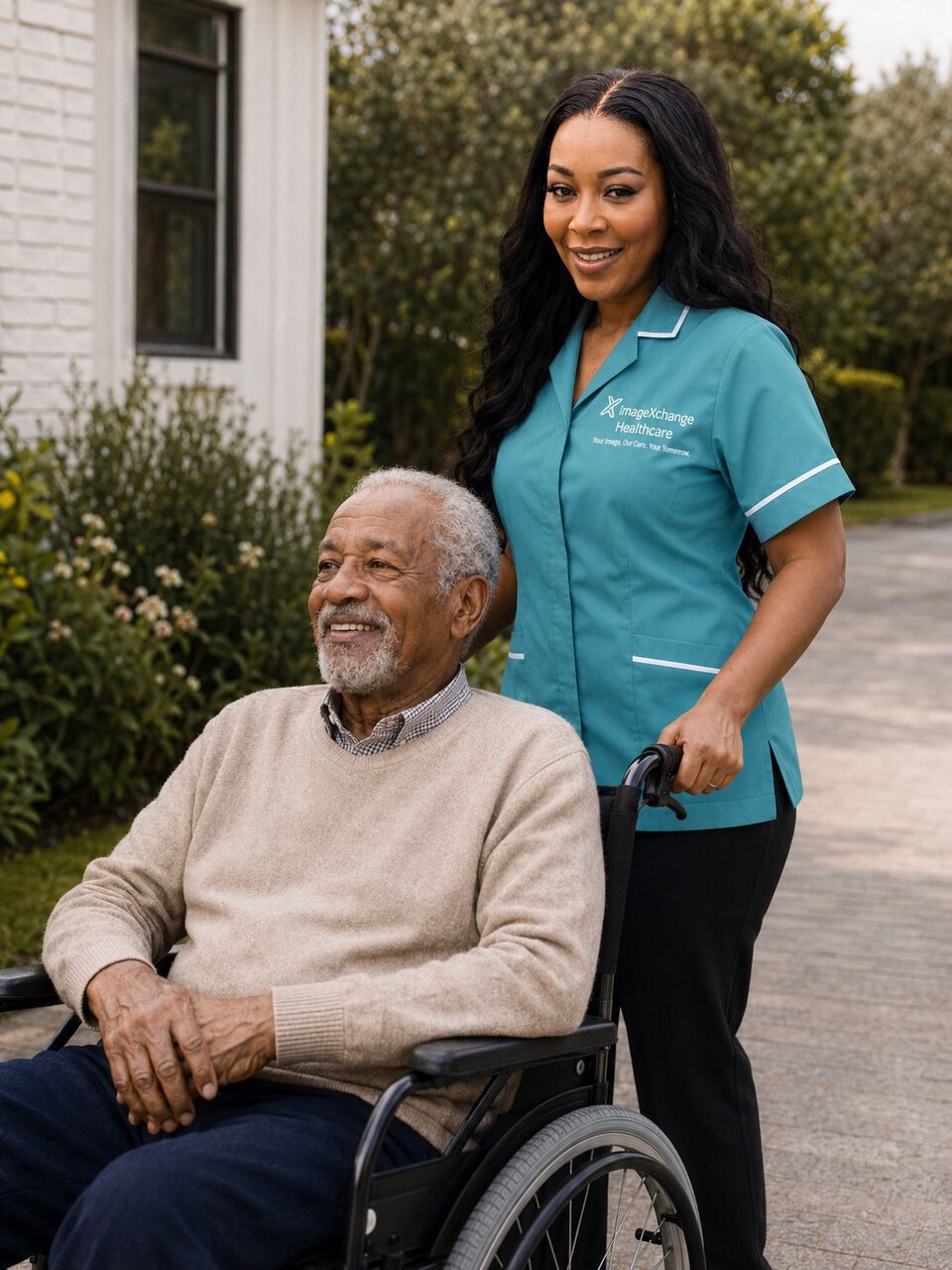 An ImageXchange Healthcare caregiver supporting a client outdoors